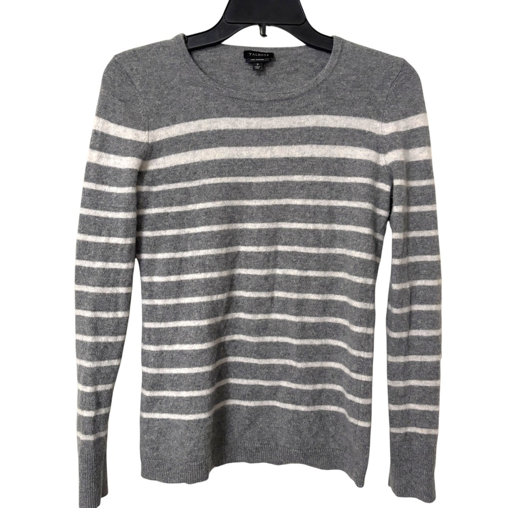Talbots Womens S Sweater Grey White Striped Pure Cashmere Quiet Luxury Capsule